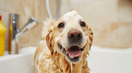 Joyful dog enjoying a bubble bath in the tub