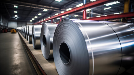 Stainless steel on rollers in a production hall or factory warehouse - obrazy, fototapety, plakaty