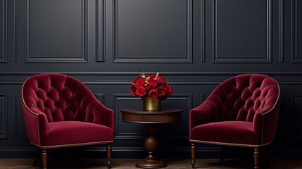 Two red velvet armchairs in a dark paneled room with a golden vase of red roses on a round table between them.