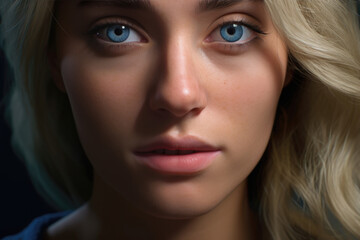 A close-up view of a woman with blonde hair and wearing a blue shirt, showcasing her striking blue eyes.