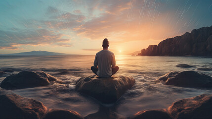 Charming girl finds inner peace and balance through meditation practice surrounded by water - obrazy, fototapety, plakaty