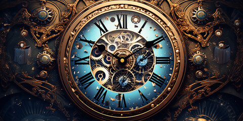Fototapeta na wymiar An illustration of a steampunk clock with intricate gears and filigree in warm colors.