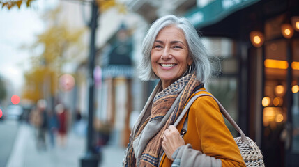 A sophisticated older woman with silver hair exudes happiness while enjoying a leisurely stroll