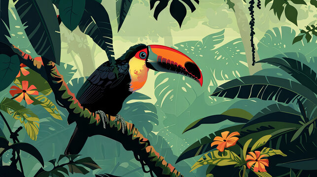 A stunning, brightly colored toucan perches gracefully on a tree branch within the lush depths of the tropical jungle