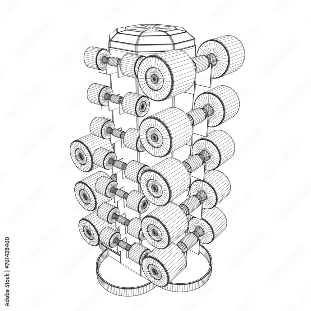 Poster wireframe of a set of dumbbells of different sizes placed on a rack. set of dumbbells isolated on wh