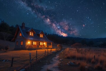 House, night, milky way, nature, concept. A beautiful landscape view. Peace.