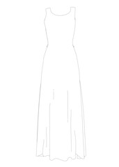 Outline of a long women dress made of black lines isolated on a white background. Vector illustration.