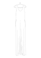 Outline of a long woman's dress hanging on a hanger made of black lines isolated on a white background. Vector illustration.