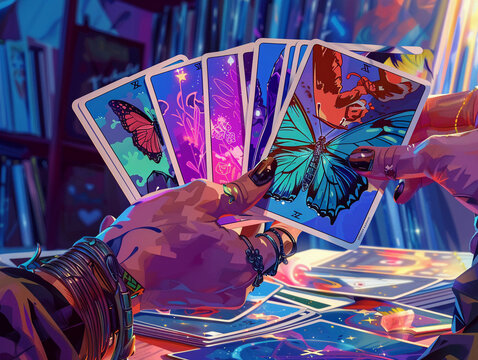A tarot reader casting cards, each showing a vibrant butterfly or a gleaming sword