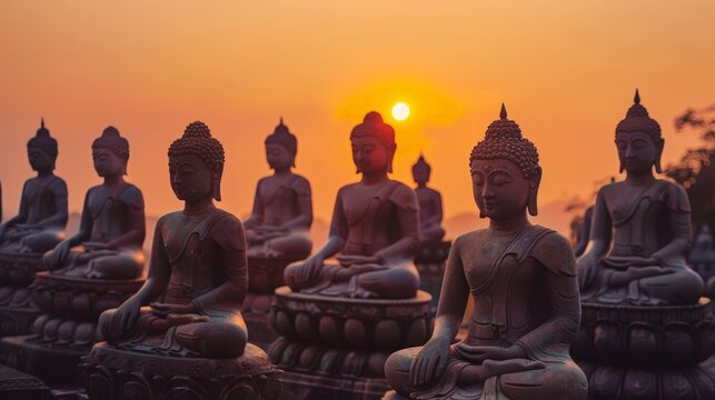 Many Buddha statue on sunset