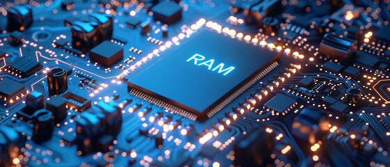 A close-up view with the acronym RAM displayed on a microchip, representing the concept of Random Access Memory.

