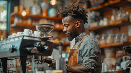 Side view of African American barista, professional at work, espresso machine focus, coffee shop ambiance, skilled craftsmanship, warm and inviting atmosphere, attention to detail, barista artistry, c
