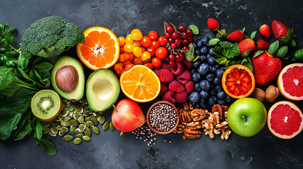 
Representation of healthy nutrition with an assortment of vegetables and fruits elegantly arranged against a black backdrop - obrazy, fototapety, plakaty