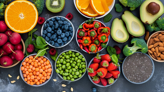 Image of a healthy diet with an assortment of carefully arranged vegetables and fruits on a black background, top view