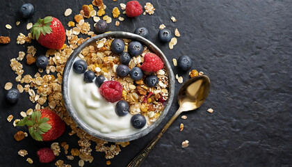 Obraz na płótnie Canvas Healthy breakfast - Homemade granola with yogurt and fresh berries on dark stone background