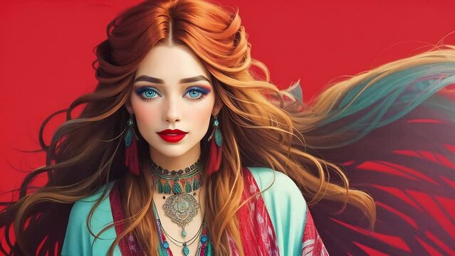 Beautiful young boho woman with red hair.