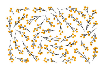 Vector floral elements set. Mimosa blossoms various shapes flat illustration. Collection of simple tree branches with yellow round shape flowers. Botanical vector objects as graphic resources.