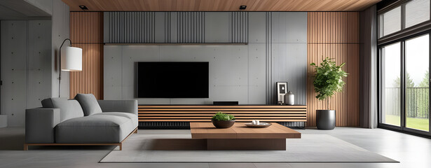 Gray sofa near wooden paneling wall and tv unit. Loft interior design of modern living room.