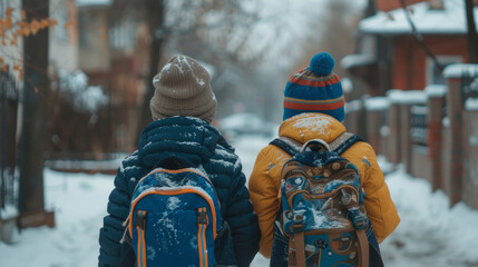 Back view of kids with backpack walking to school in winter - obrazy, fototapety, plakaty