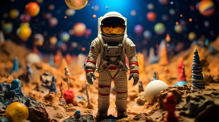 A toy astronaut figurine posed against a backdrop of stars and planets, - obrazy, fototapety, plakaty