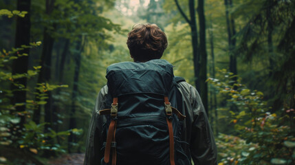 Back view of man hiking in the forest