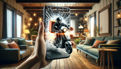Delivery rider on scooter dynamically bursts through a smartphone screen into a cozy living room setting, showcasing speed and digital innovation, AI Generated.