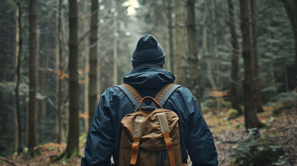 Fototapeta na wymiar Back view of man hiking in the forest