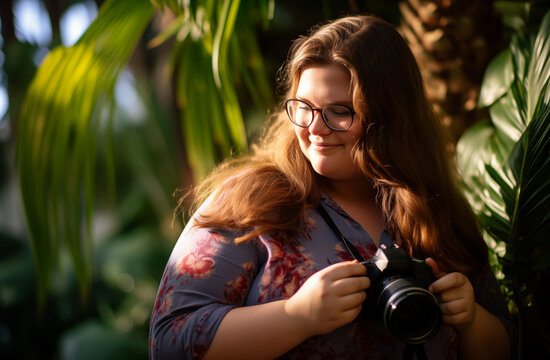 Cheerful Curvy Woman with Camera Enjoying the Exotic Greenery
