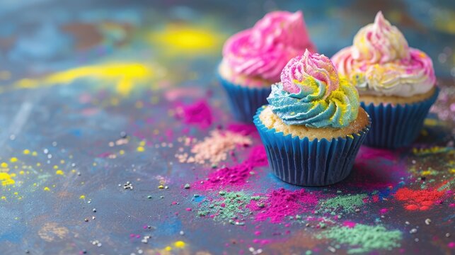 Colorful cupcakes with rainbow sprinkles and frosting
