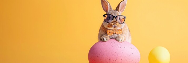 Easter Bunny wearing a bow tie and sunglasses. Funny Easter holiday and celebration banner concept. Copy-space for text.