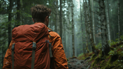 Back view of man hiking in the forest