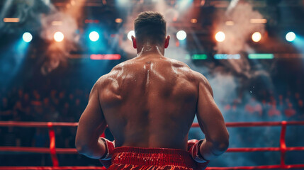 Back view of professional boxer in ring