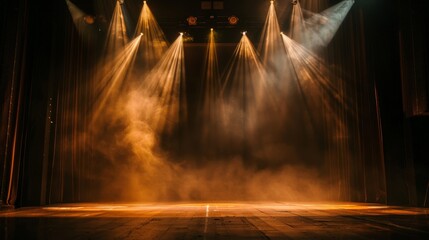 Warm stage spotlight shines in dark background. - obrazy, fototapety, plakaty
