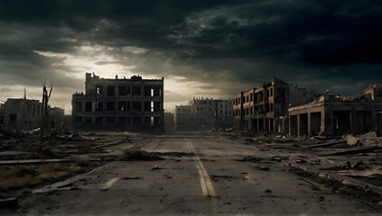 Image of a deserted city with dark clouds in the background