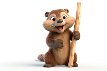 Otter excitedly gripping a wooden stick. Ideal for educational materials, children's stories, or wildlife animations. Conveys curiosity, playfulness, and a touch of wilderness.