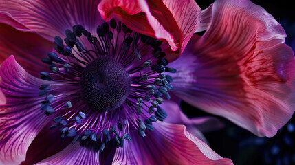 Purple blue anemone flower plant macro close-up shot isolated against a dark background