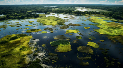 Aerial views of wetlands teeming with a variety of aquatic life,