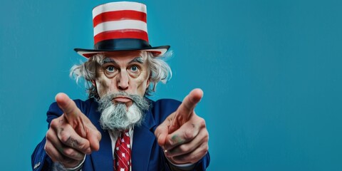 Old Man Dressed as Uncle Sam for the 4th of July on a Blue Background  - obrazy, fototapety, plakaty