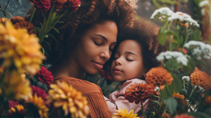 An african american mother and her doughter hugging each other surrounded flowers. Mother's day card.  - Powered by Adobe