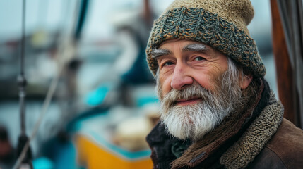 Obraz premium Wise old sailor with beard by his boat.