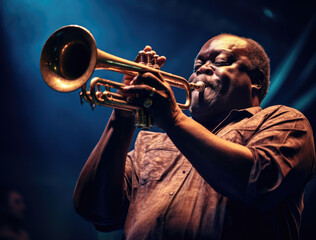 Passionate musician playing trumpet under blue stage lights, evoking the soulful rhythms of jazz. - obrazy, fototapety, plakaty