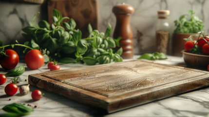 Obraz na płótnie Canvas A close-up of an empty wooden board surrounded by greens and vegetables. A stylish kitchen background. Empty space for product.