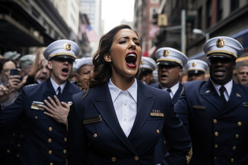 Passionate officer sings with fellow coast guards in uniform during a city parade with bystanders watching. - obrazy, fototapety, plakaty