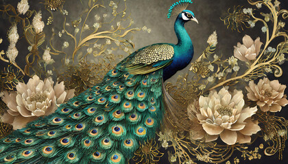 Painting of a indian Peacock with flowers, golden branches in rococo concept - obrazy, fototapety, plakaty