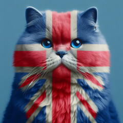 The patriotic 3D illustration features a British cat on a blue background decorated with the British flag. a sense of national pride and admiration for our feline companions in the United Kingdom.