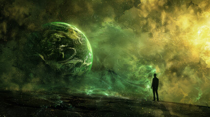 The man looking at the green planet Earth. Earth day concept, Earth hour. Space green background.
