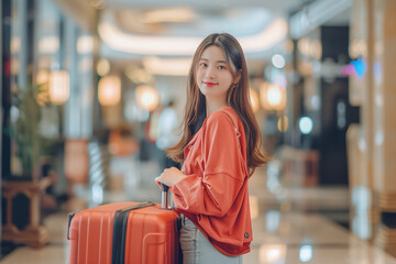 Young traveler woman with luggage standing in hotel. Trip, holiday and summer concept
