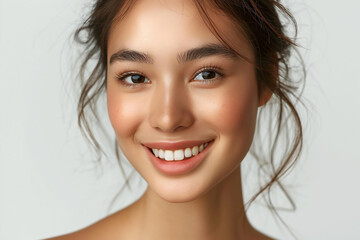 Obraz premium Beautiful young woman with perfect tan skin. Natural beauty, cosmetic, skin care concept. Copy space