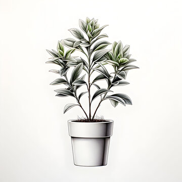 A black pot with plants is placed on a white background. The plant is a small green bush with leaves. The picture has a calm mood. Generative AI