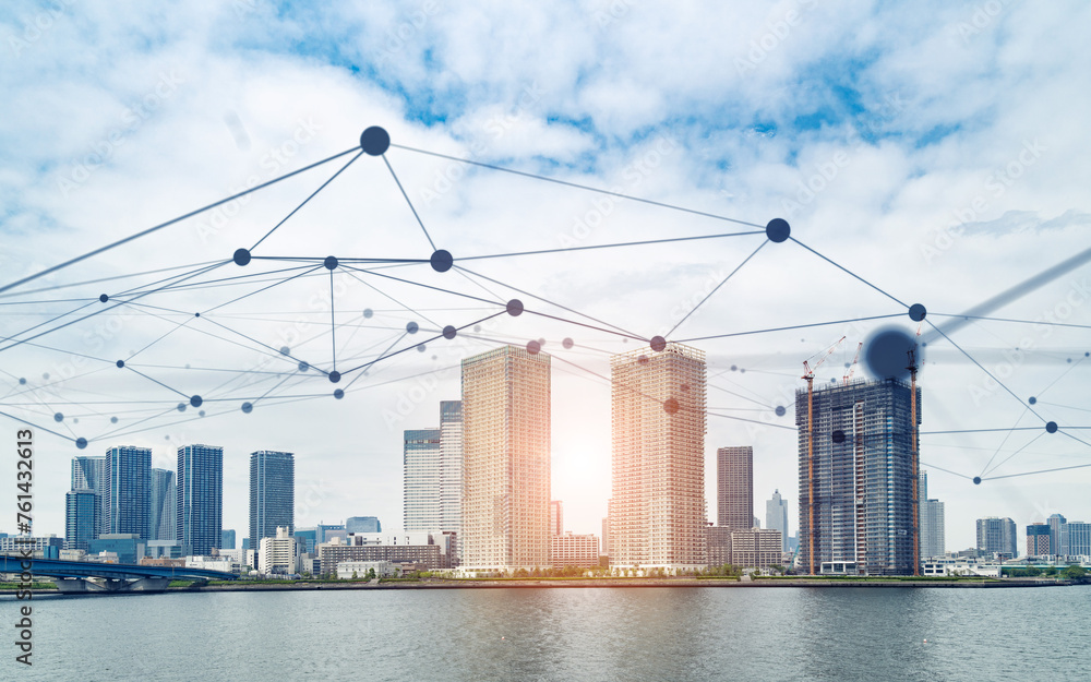Poster modern city and communication network concept. iot (internet of things). smart city. digital transfo
